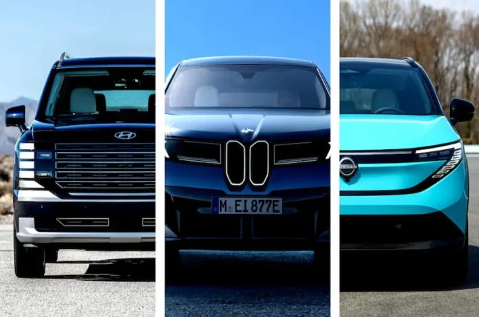 2026 World Car Awards finalistleri olan BMW iX3, Nissan Leaf ve Hyundai Palisade modellerini içeren karşılaştırma görseli.