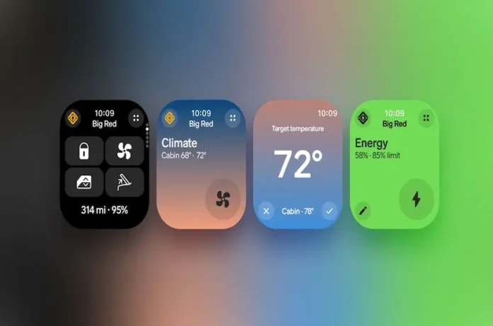 Bir Apple Watch ekranında Rivian aracın kilit ve bagaj kontrol butonlarının görünümü.