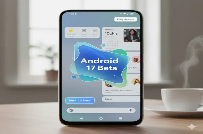 Masa üzerinde duran bir akıllı telefon ekranında Android 17 Beta yazısı ve modern arayüz widgetları görünümü.