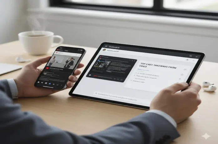 Tablet ve telefonda eş zamanlı çalışan, YouTube videosundan otomatik ders notu çıkaran NotebookLM arayüzü.