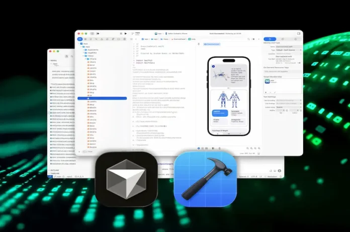 Bir dizüstü bilgisayar ekranında Xcode ve Cursor kod editörü açıkken yapay zeka yardımıyla iPhone uygulaması tasarlayan bir kullanıcı.